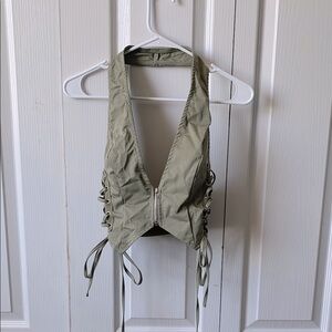 Light Khaki Cargo Lace Up Side Zip Up Crop Top